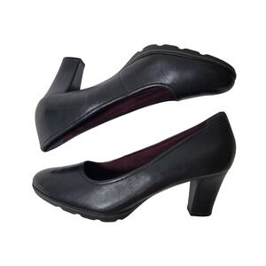 Tamaris Black Leather Round Toe Block 3" Heel Pumps Touch It Footbed EU 42 US 10